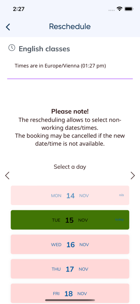 reschedule existng meetings in the mobile  admin app