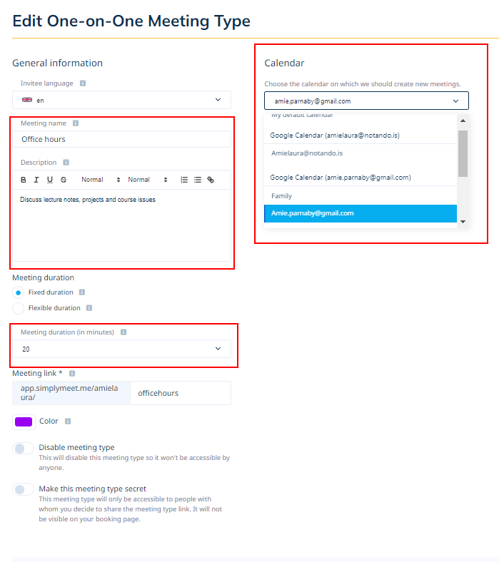 creating a meeting for the reverse calendar