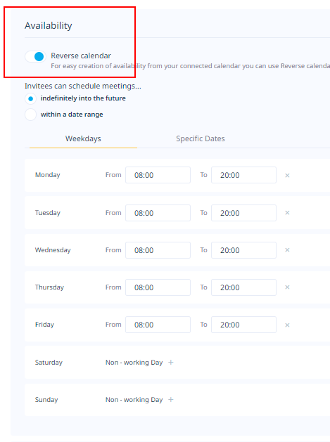 reverse calendar availability set-up