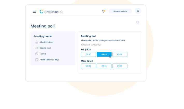 Meeting poll interface on SimplyMeet.me platform showing available meeting times. Selected time on Fri, Jul 21 is highlighted in blue.